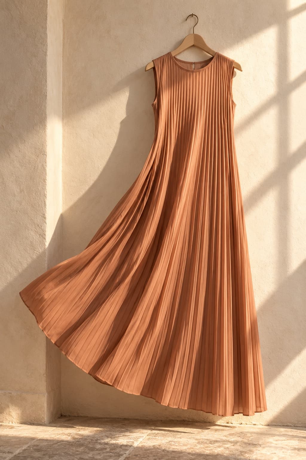 A terracotta pleated dress suspended in sculptural sunlight